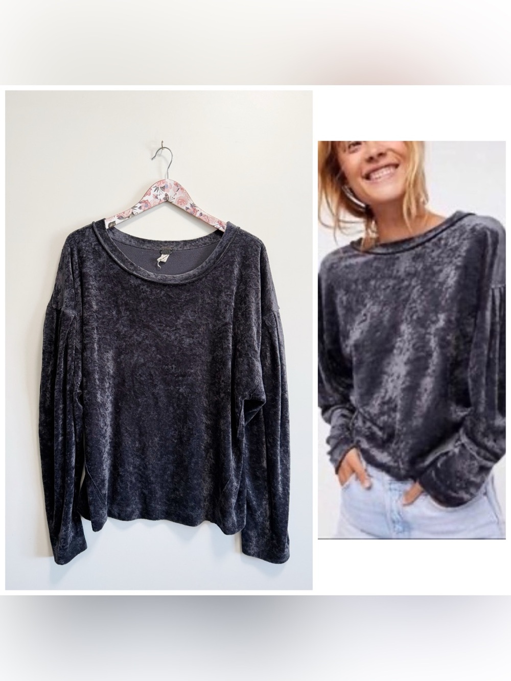 Free People WE THE FREE Milan Layering Crushed Velvet Top Sweatshirt Blue L Larg